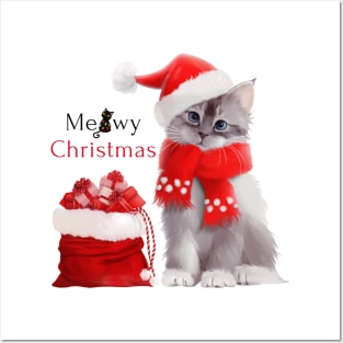 Kitten in Santa Claus costume with a bag of gifts Posters and Art